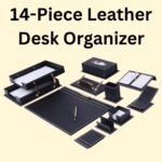 14-Piece Leather Desk Organizer Set, 49x34 cm Desk Pad, Double Document Tray, Pen Holder, Business Card Holder, Phone Stand, Black with Gold Accents