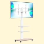 FITUEYES White TV Stand with Wheels and Wooden Base for 32 to 65 inch LCD LED Flat and Curved Screens, 3 Tier Mobile TV Cart with Swivel 60 Degree, Max VESA 600x400mm TT306504WW