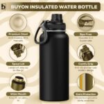 Water Bottle 18/8 Stainless Steel Double Wall Vaccum Insulated Thermos Bottle with Spout Lid Wide Mouth Hot Cold Drink hydroflask for Sports Travel Kids School Gym Office (BLACK, 1000ML) - Image 2