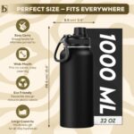 Water Bottle 18/8 Stainless Steel Double Wall Vaccum Insulated Thermos Bottle with Spout Lid Wide Mouth Hot Cold Drink hydroflask for Sports Travel Kids School Gym Office (BLACK, 1000ML) - Image 4