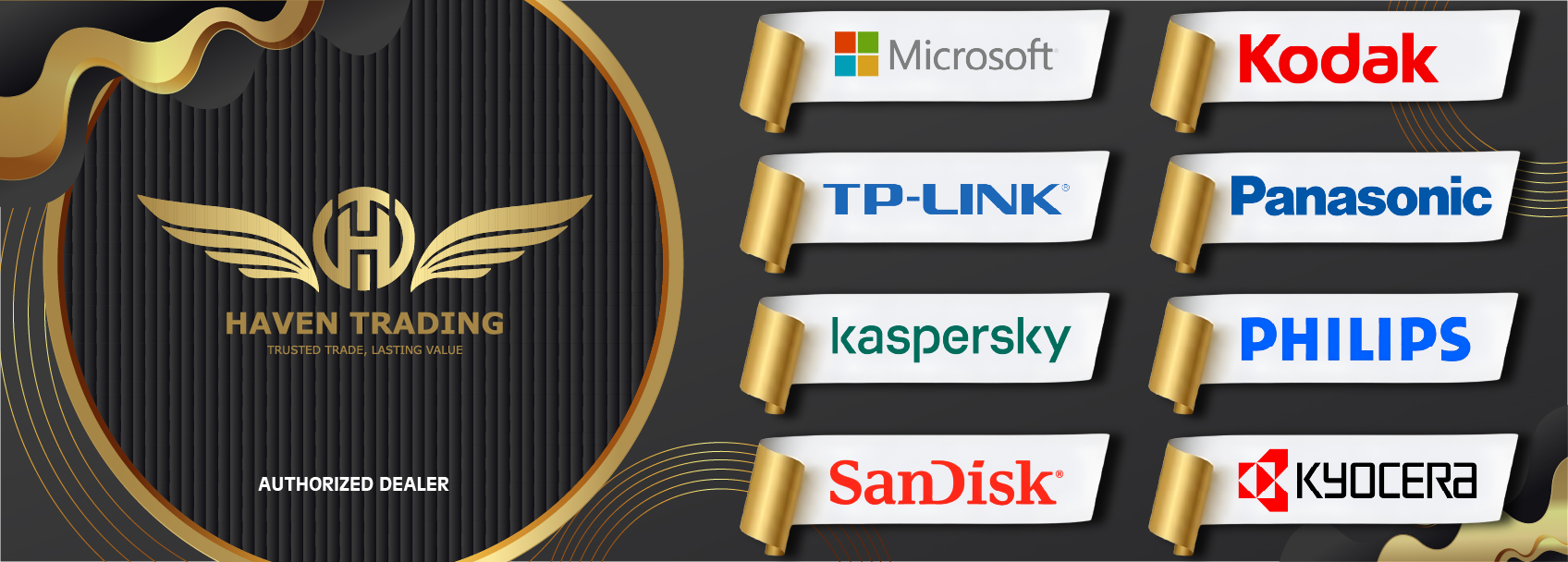 HavenTrading: Authorized Dealer for major electronics brands in UAE including Microsoft, TP-Link, Panasonic, Philips, Kaspersky, SanDisk, Kodak, and Kyocera with official UAE warrant