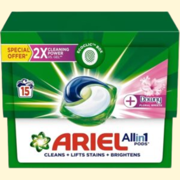 Ariel Floral Breeze All-in-1 Pods, 15 count, Laundry Detergent PodsCleans, Lifts Stains and Brightens