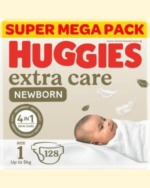 Huggies Extra Care Newborn Baby Diapers, Size 1 (Up to 5 kg), Twin Jumbo Pack, 128 Diapers