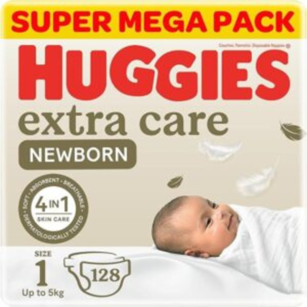 Huggies Extra Care Newborn Baby Diapers, Size 1 (Up to 5 kg), Twin Jumbo Pack, 128 Diapers