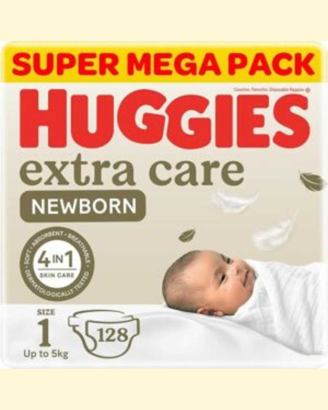 1 Huggies Extra Care Newborn Baby Diapers, Size 1 (Up to 5 kg), Twin Jumbo Pack, 128 Diapers - Image 1