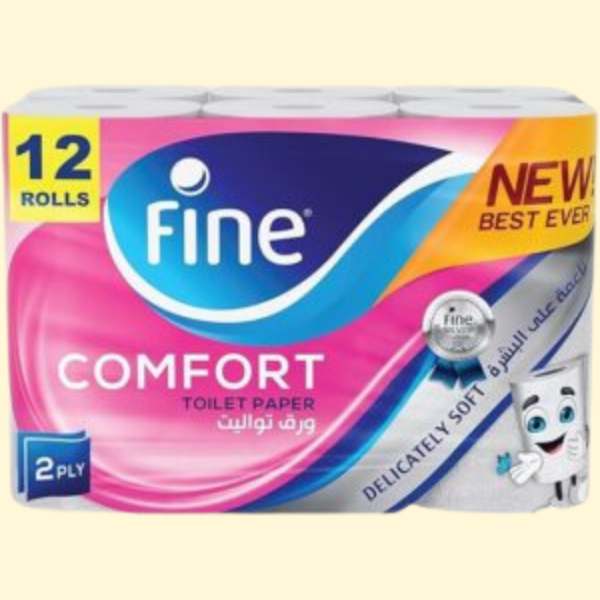 Fine Comfort Toilet Tissues Paper 12 Rolls, 180 sheets x 2 Ply