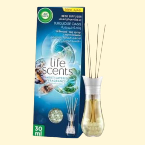 Air Wick Life Scents Reed Diffuser, Turquoise Oasis Scent (Driftwood, Sea Spray & Warm Breeze), 30ml