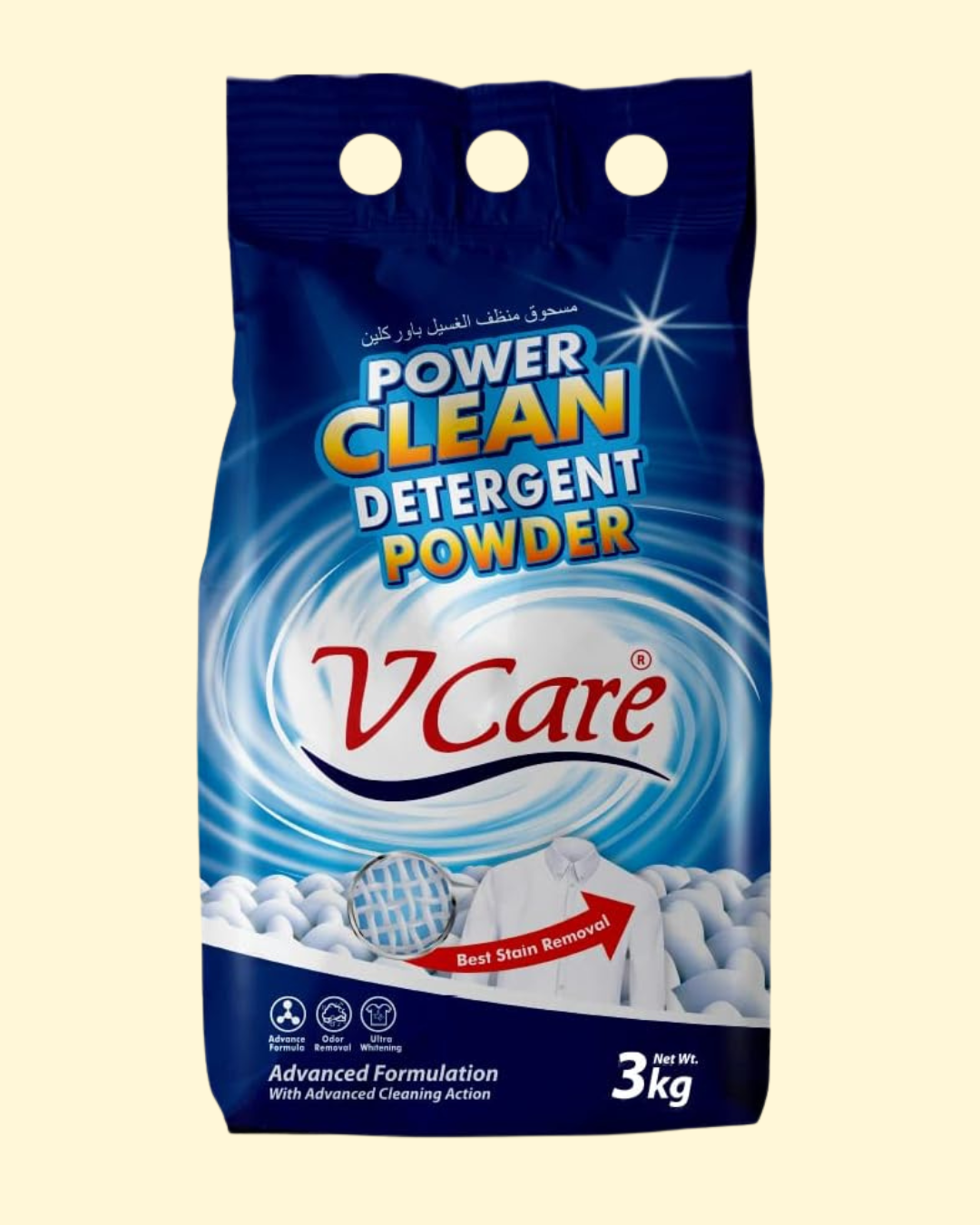 1 V Care Power Clean Laundry Detergent Powder - Effortless Stain Removal - Removes Odour and Provides Ultra Whitening with a Refreshing Scent - 3Kg - Image 1