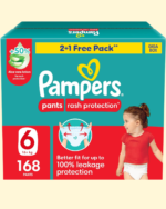 Pampers Rash Protection Pants Diapers, Size 6, 16+kg, +50% Aloe Vera Lotion, 360° Leak-Free Fit for up to 100% Leakage Protection, Giga Box, 168 Count