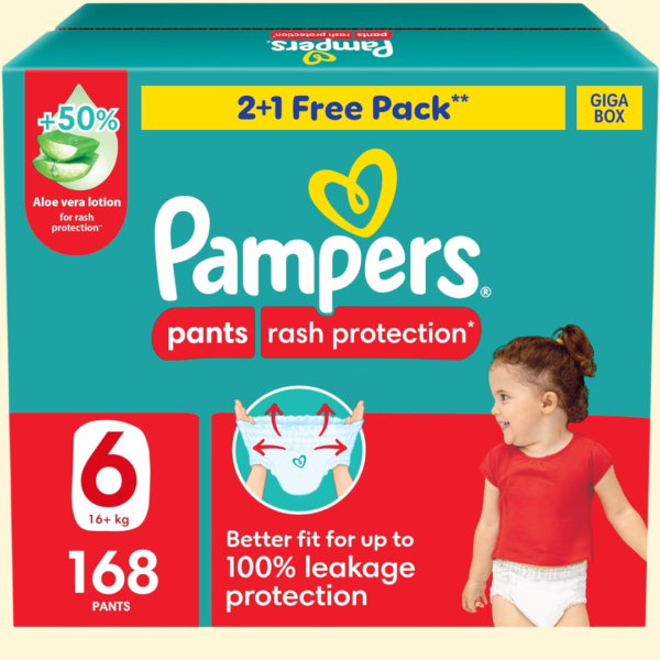 Pampers Rash Protection Pants Diapers, Size 6, 16+kg, +50% Aloe Vera Lotion, 360° Leak-Free Fit for up to 100% Leakage Protection, Giga Box, 168 Count