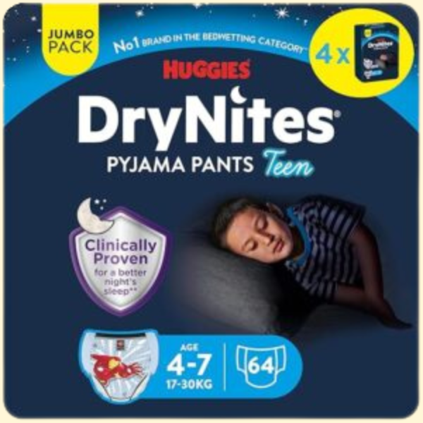 Huggies DryNites Pyjama Pants, 4-7 years, Bed Wetting Diaper, Boys, 17-30 kg, 4 x Jumbo Packs, 64 Pants