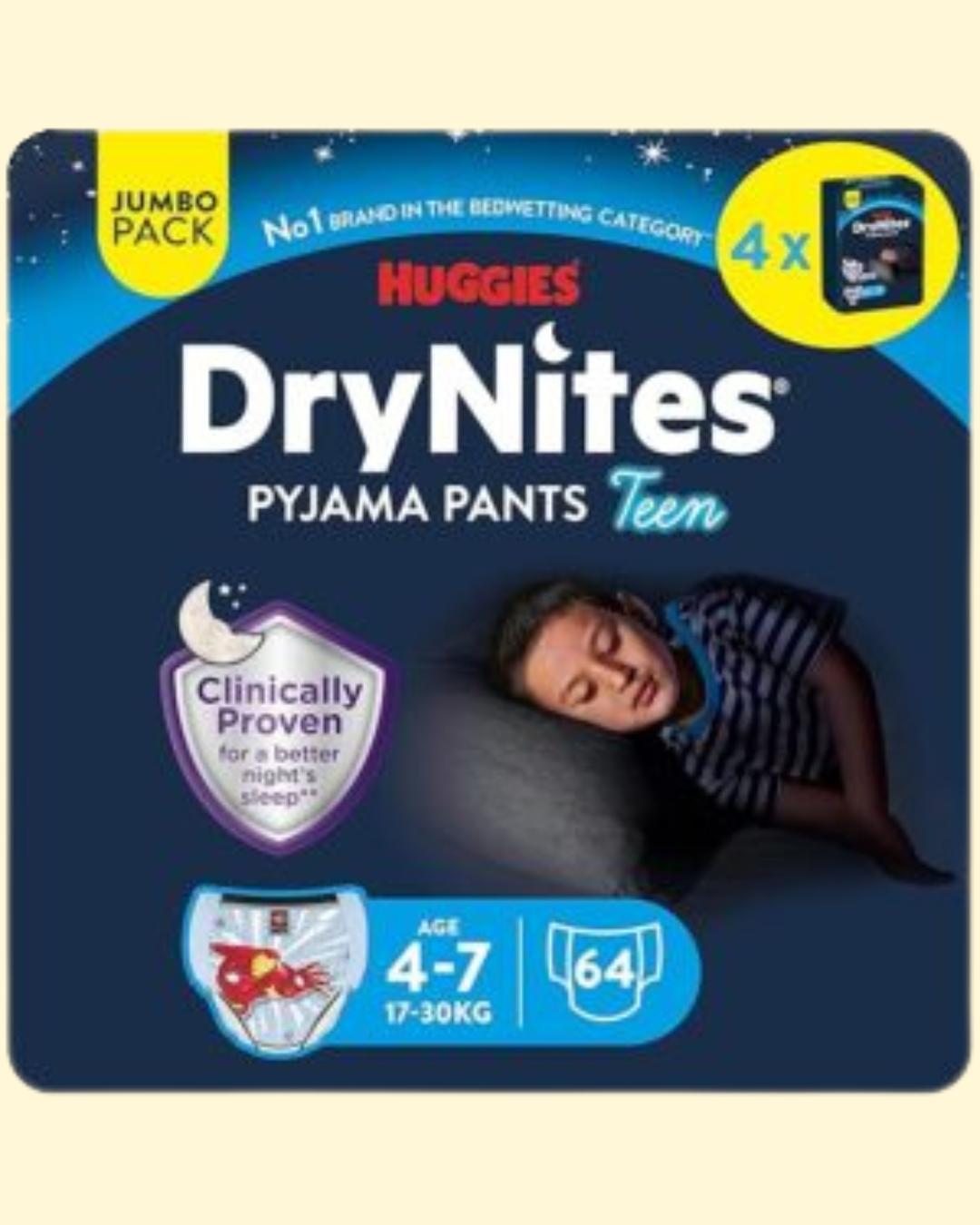 1 Huggies DryNites Pyjama Pants, 4-7 years, Bed Wetting Diaper, Boys, 17-30 kg, 4 x Jumbo Packs, 64 Pants - Image 1