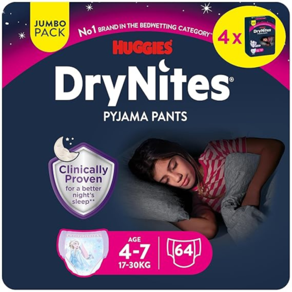Huggies DryNites Pyjama Pants, 4-7 years, Bed Wetting Diaper, Girls, 17-30 kg, 4 x Jumbo Packs, 64 Pants