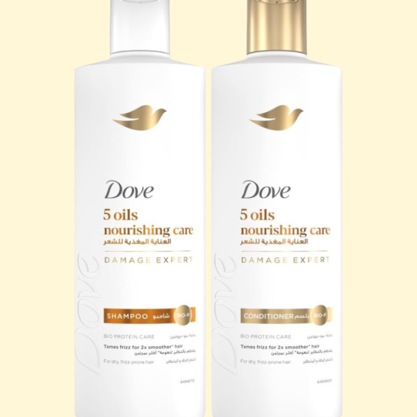 DOVE Shampoo, 5 oils nourishing care, tames frizz for 2x smoother* hair, 400ml + DOVE Conditioner, 5 oils nourishing care, 350ml