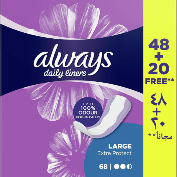 Always Daily Liners Extra Protect Pantyliners, Large, 48+20 Count