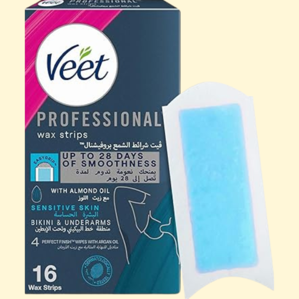 Veet Professional Hair Removal Easy-Gel Bikini & Underarms Wax Strips With Almond Oil For Sensitive Skin, Perfect Finish Wipes With Argan Oil, Up To 28 Days Of Smoothness, 16 Wax Strips(Pack May Vary)