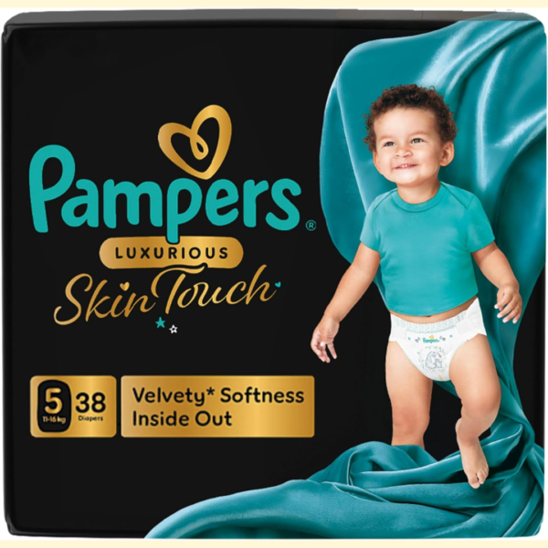 Pampers Luxurious Skin Touch – Premium Diapers with Luxurious Velvety Softness Inside Out, Size 5, 11-16kg, 38 Premium Diapers for Toddlers