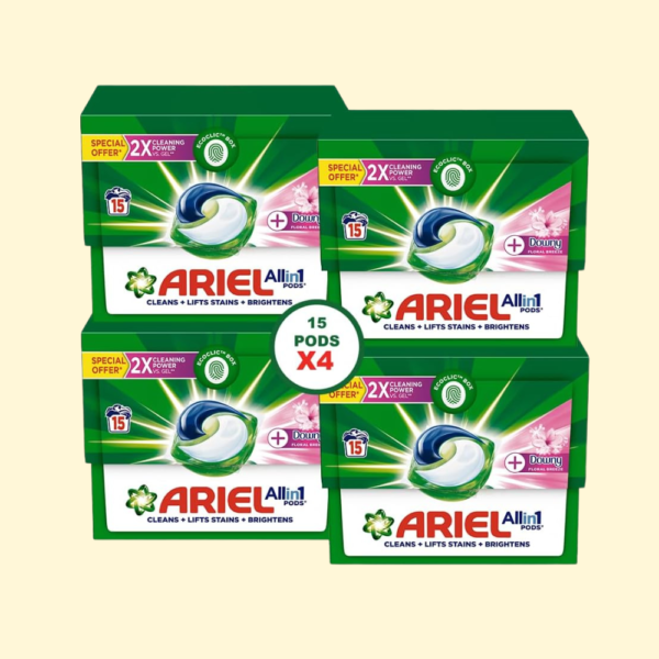 Ariel Floral Breeze All-in-1 Pods, 15 count, Laundry Detergent Pods, (Pack of 4), 60 Pods